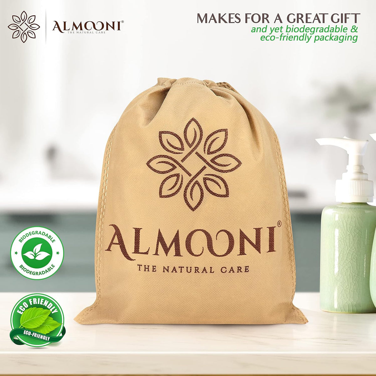 biodegradable packaging paired with a reusable drawstring travel pouch