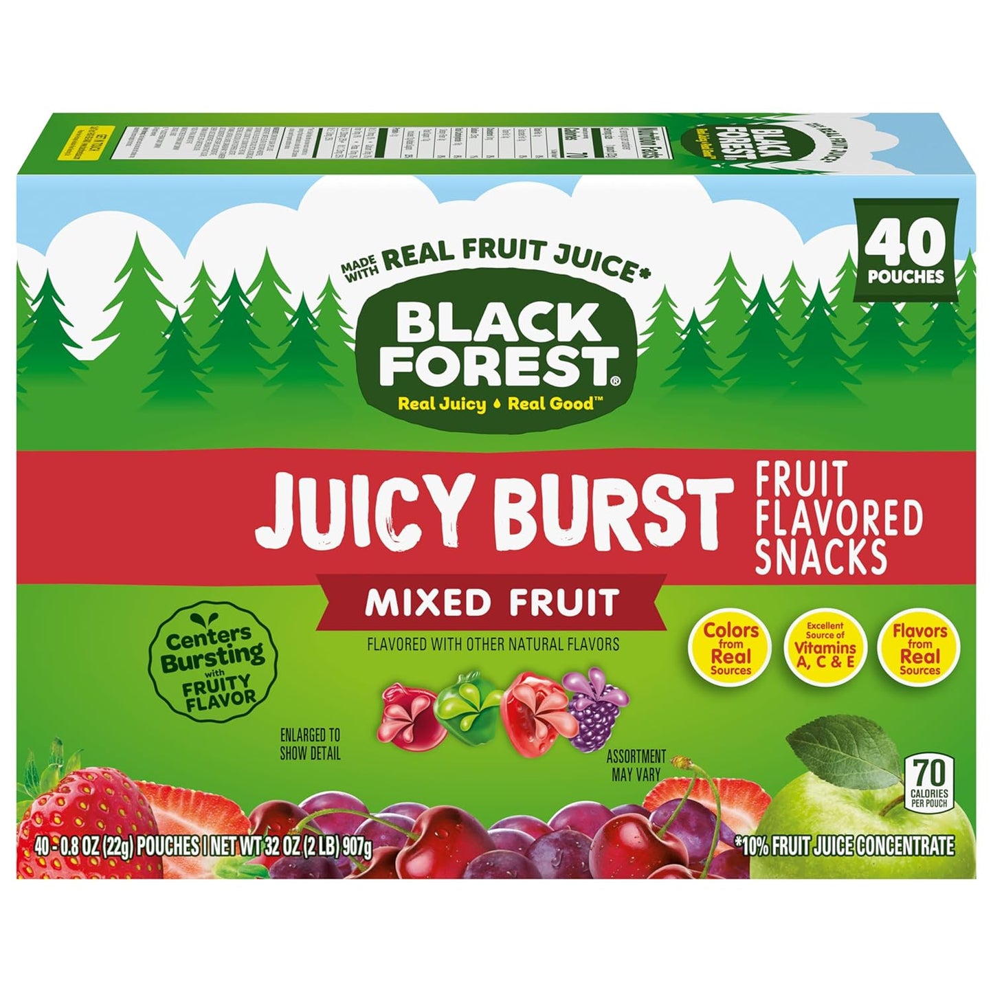 Black Forest Juicy Burst Fruit Snacks for Kids – Individually Wrapped Lunchbox Pouches, Mixed Fruit, 40 Count