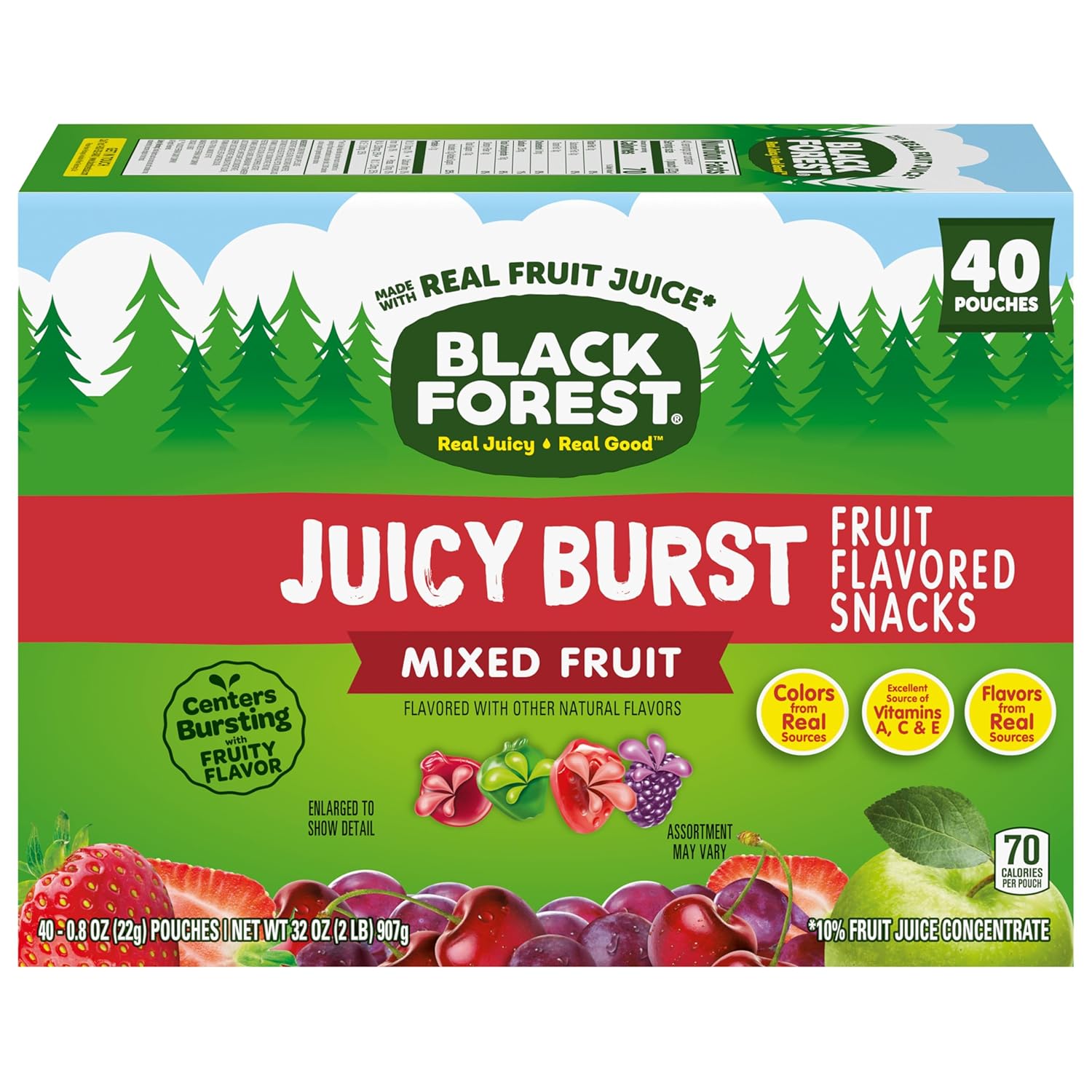 Black Forest Juicy Burst Fruit Snacks for Kids – Individually Wrapped Lunchbox Pouches, Mixed Fruit, 40 Count
