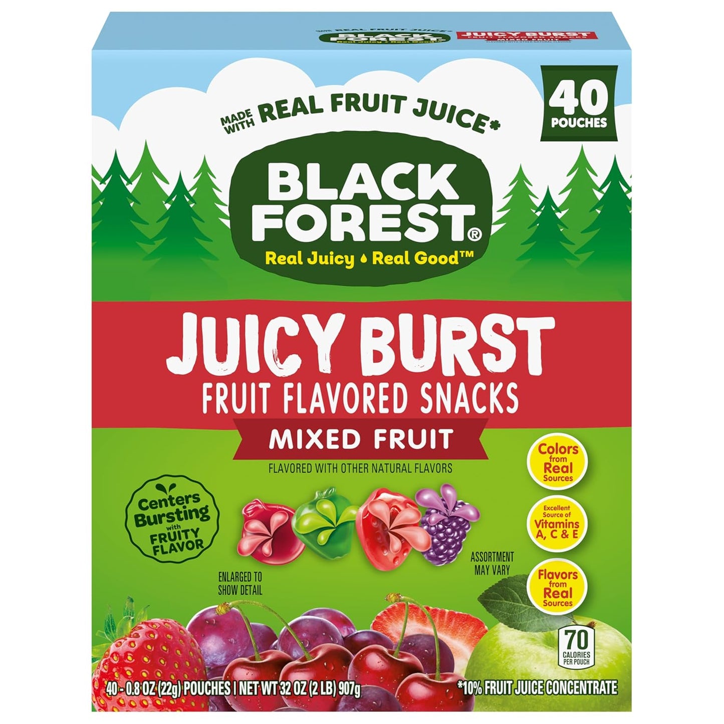 Black Forest Juicy Burst Fruit Snacks for Kids – Individually Wrapped Lunchbox Pouches, Mixed Fruit, 40 Count