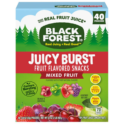 Black Forest Juicy Burst Fruit Snacks for Kids – Individually Wrapped Lunchbox Pouches, Mixed Fruit, 40 Count