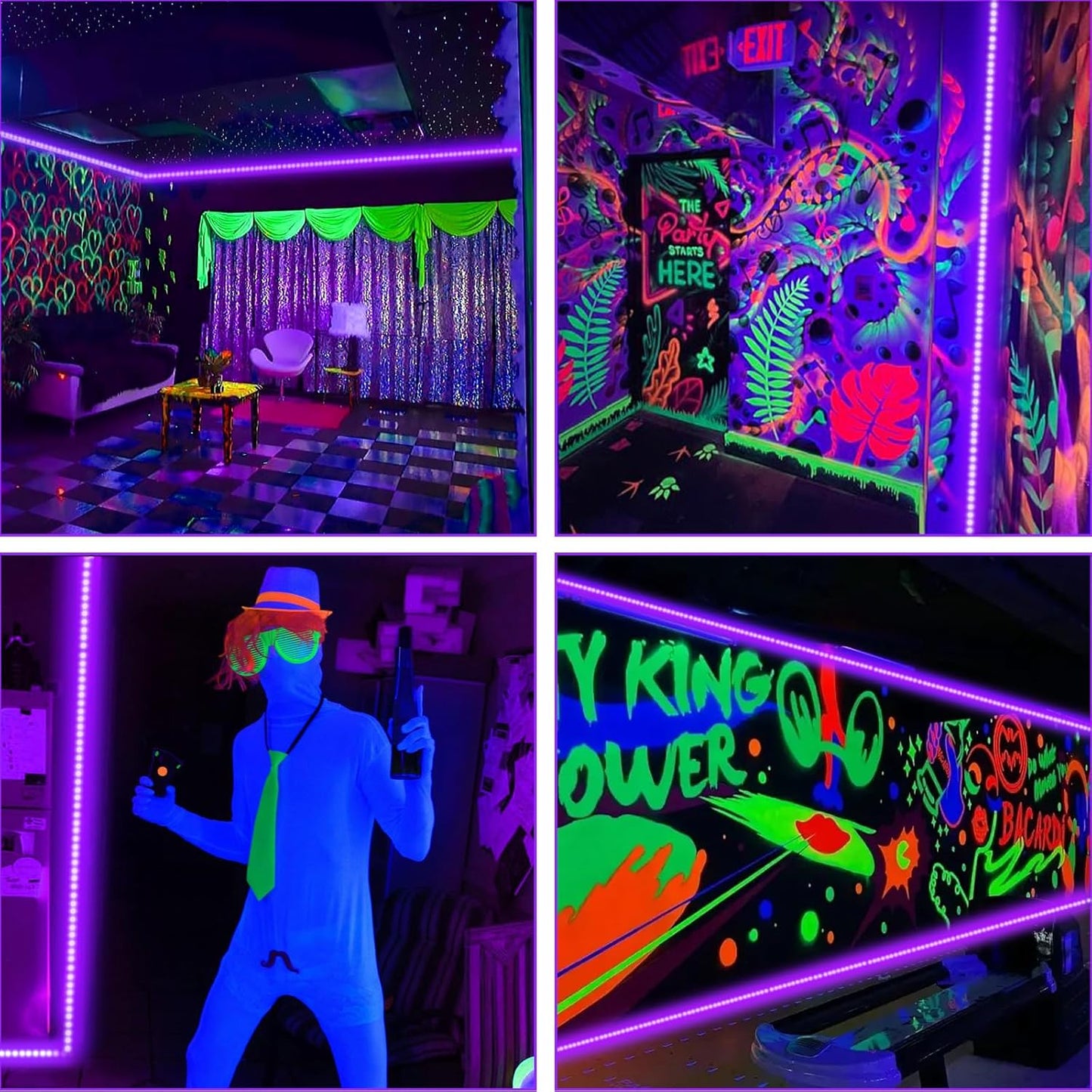 BlacklightCo 50Ft Black Light Strip – Kids Craft Room and Playroom UV Light for Safe Body Paint and Art Projects
