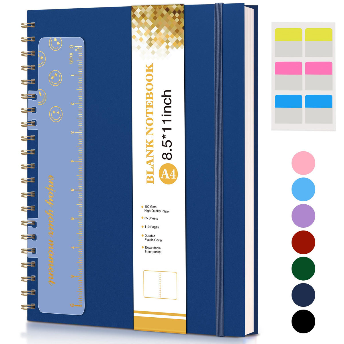 Blank Spiral Notebook Journal 8.5” x 11”, A4 Large Sketch Book for Women Men, 100 GSM Blank Paper Drawing Notebook, Plastic Hardcover Spiral Bound Sketchbook for Sketching Work School Writing, Navy
