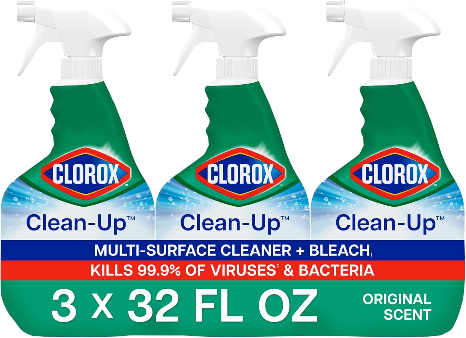 bleach-based liquid formula dispensed via 32 fl oz trigger spray bottle