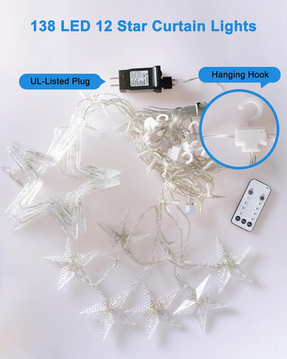 Blingstar Star Curtain Lights 138 LED 12 Star 30V Child-Safe Multicolor Christmas Lights 8.2 Ft Window Lights for Nursery and Kids Bedroom