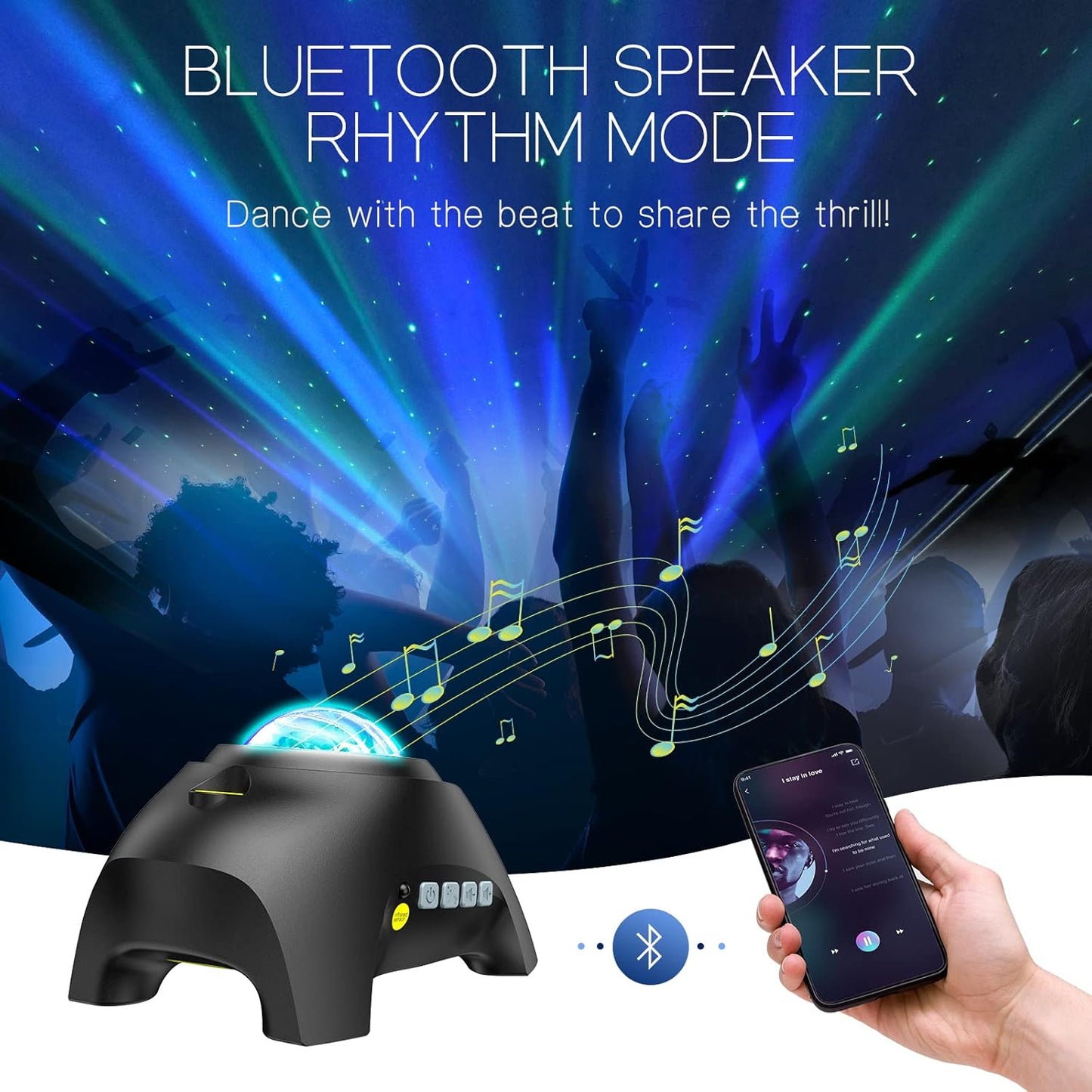bluetooth speaker with sound-activated rhythm mode that pulses lights to the beat