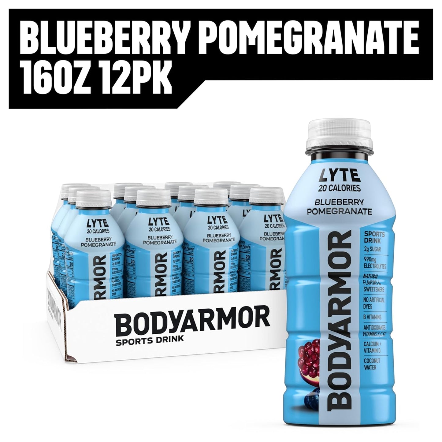 BODYARMOR LYTE Sports Drink – Family Bulk Hydration for Youth Sports Practices, Blueberry Pomegranate Coconut Water Beverage, 16 Fl Oz (Pack of 24)