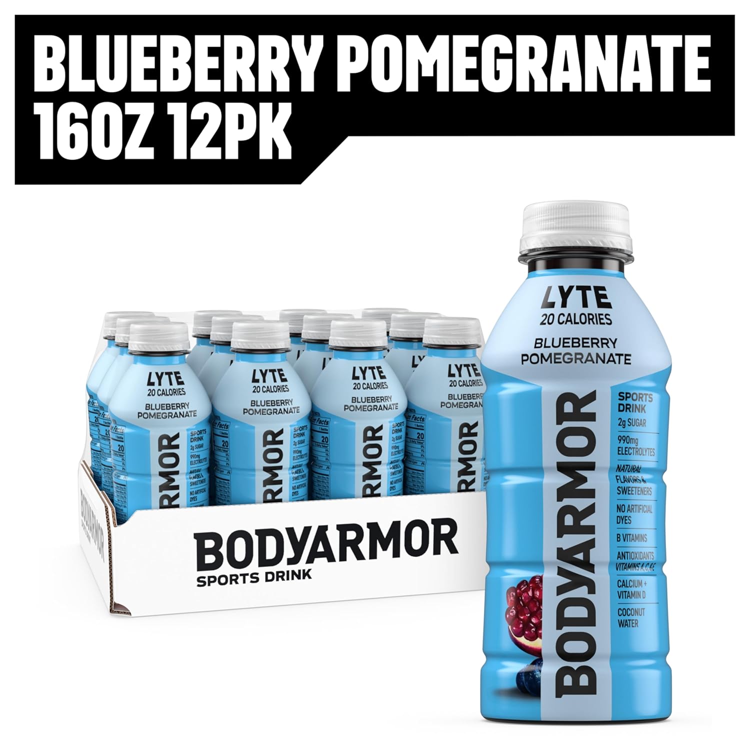 BODYARMOR LYTE Sports Drink – Family Bulk Hydration for Youth Sports Practices, Blueberry Pomegranate Coconut Water Beverage, 16 Fl Oz (Pack of 24)