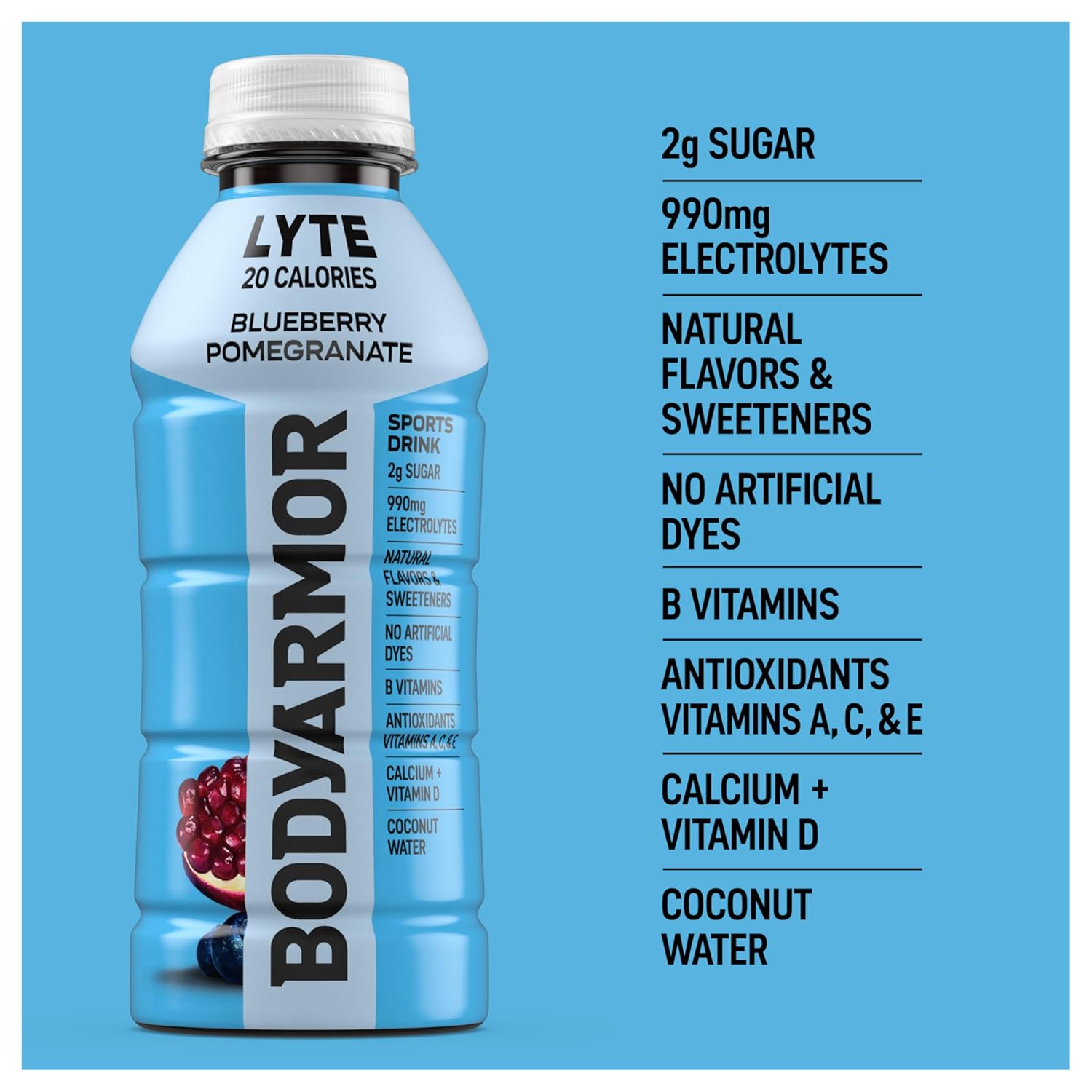 BODYARMOR LYTE Sports Drink – Family Bulk Hydration for Youth Sports Practices, Blueberry Pomegranate Coconut Water Beverage, 16 Fl Oz (Pack of 24)