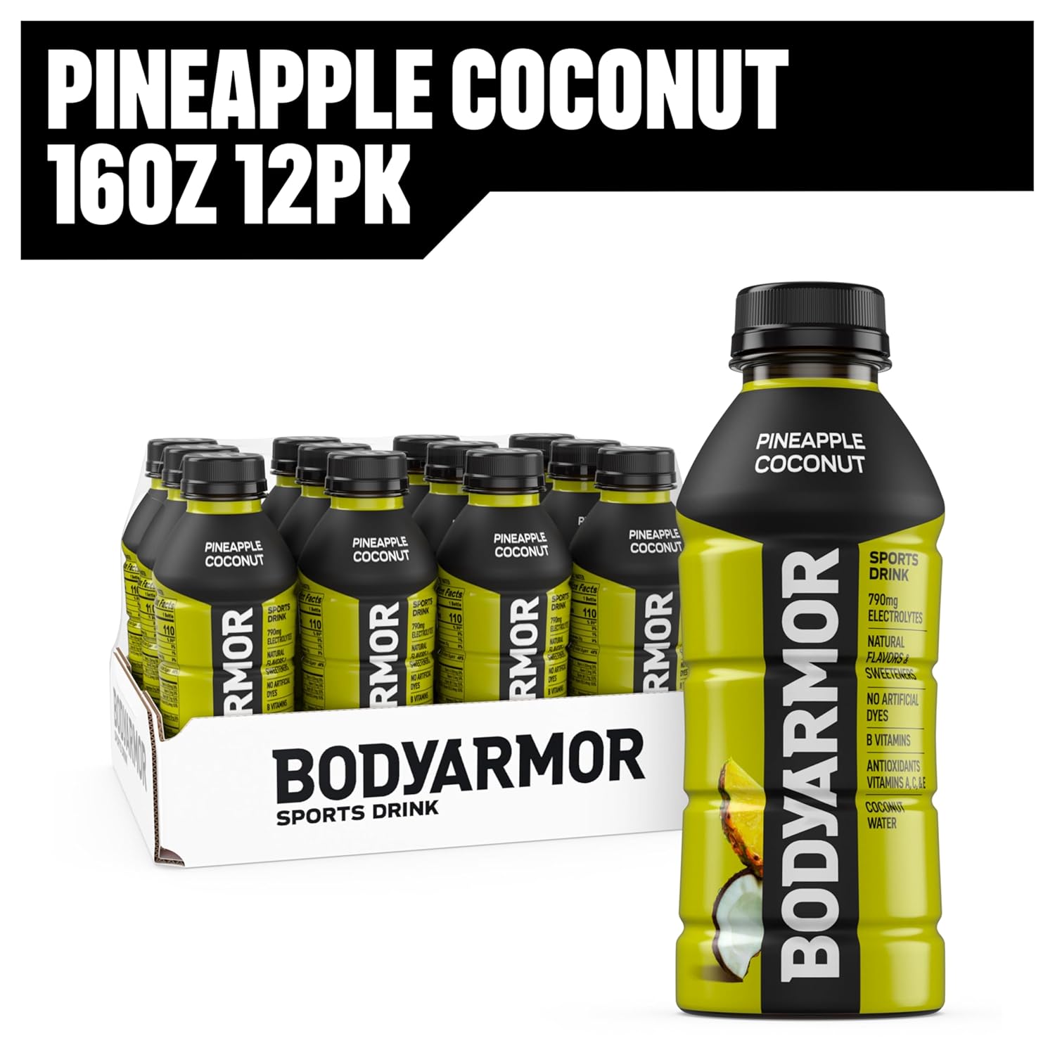 BODYARMOR Pineapple Coconut Sports Drink – Portable Hydration for Hiking, Camping, and Trail Running, 16 Fl Oz Bottles (Pack of 12)