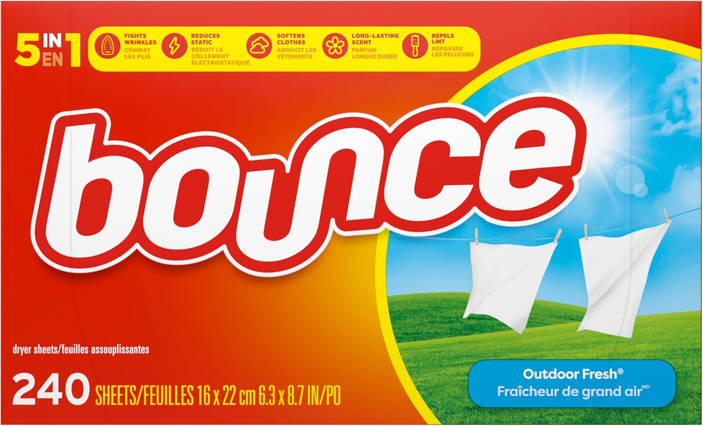 Bounce Outdoor Fresh Dryer Sheets for Family Laundry with Babies and Toddlers, Gentle Scent for Nursery Linens, 240 Count