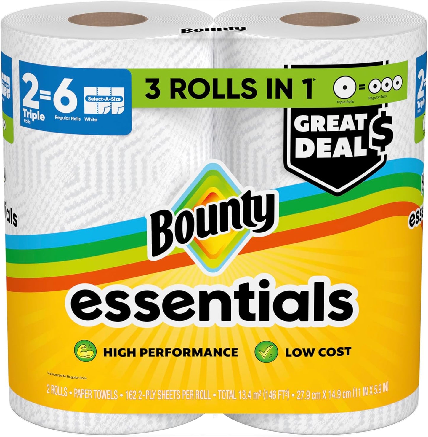 Bounty Essentials Select-A-Size Paper Towels – Durable 2-Ply Sheets for Playroom Spills, 2 Triple Rolls