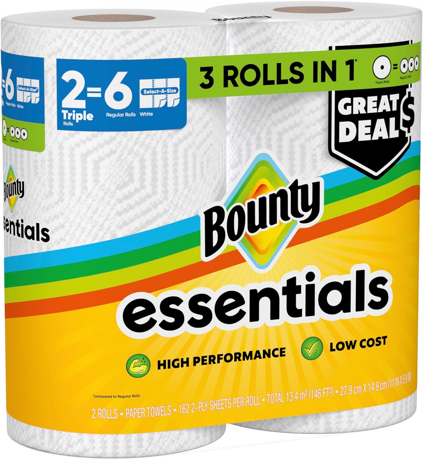 Bounty Essentials Select-A-Size Paper Towels – Durable 2-Ply Sheets for Playroom Spills, 2 Triple Rolls