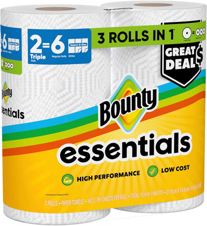 Bounty Essentials Select-A-Size Paper Towels – Durable 2-Ply Sheets for Playroom Spills, 2 Triple Rolls