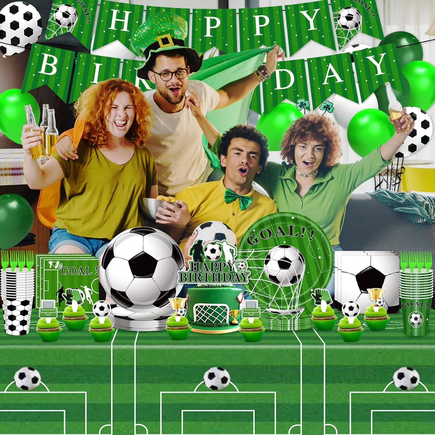 Brand Name Soccer Party Decorations – Complete 143-Piece Set for Children Ages 5-12, Eco-Friendly Disposable Plates Banner Balloons for Backyard Birthday