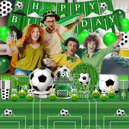 Brand Name Soccer Party Decorations – Complete 143-Piece Set for Children Ages 5-12, Eco-Friendly Disposable Plates Banner Balloons for Backyard Birthday