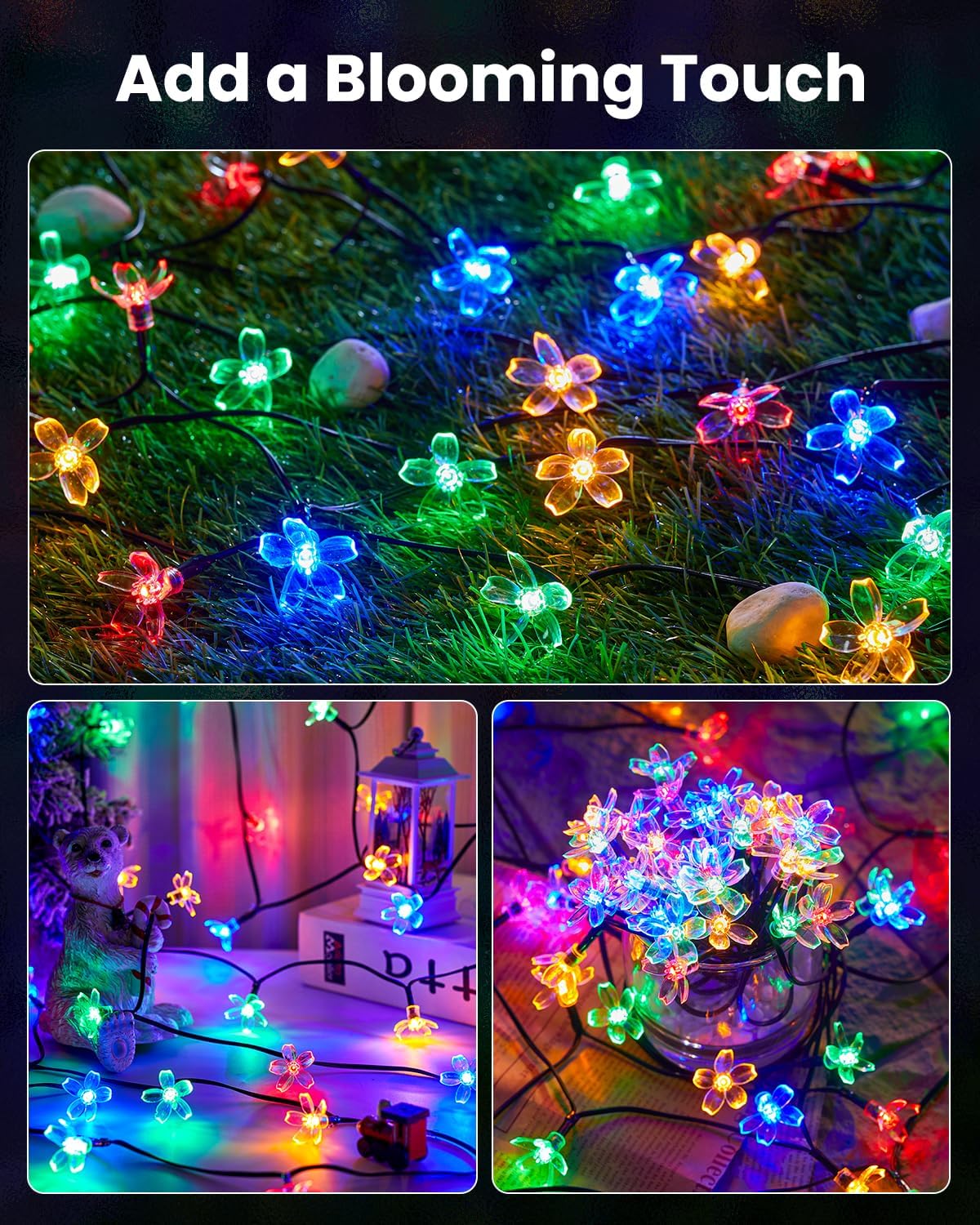 Brightown 60 LED Solar Cherry Blossom Lights – Cozy Bedroom & Living Room Ambient Decor, 8 Lighting Modes