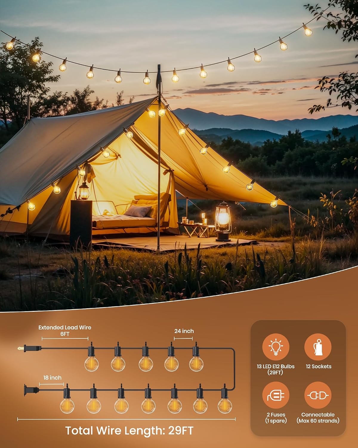 Brightown Safe Outdoor String Lights, 29FT G40 LED 12 Shatterproof Bulbs | Cool-Touch Plastic, No Fire Risk, IP65 Waterproof, Dimmable for Family Backyard, Kids, Pets