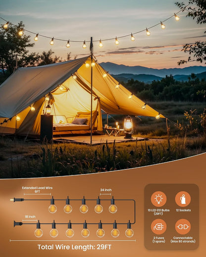 Brightown Safe Outdoor String Lights, 29FT G40 LED 12 Shatterproof Bulbs | Cool-Touch Plastic, No Fire Risk, IP65 Waterproof, Dimmable for Family Backyard, Kids, Pets