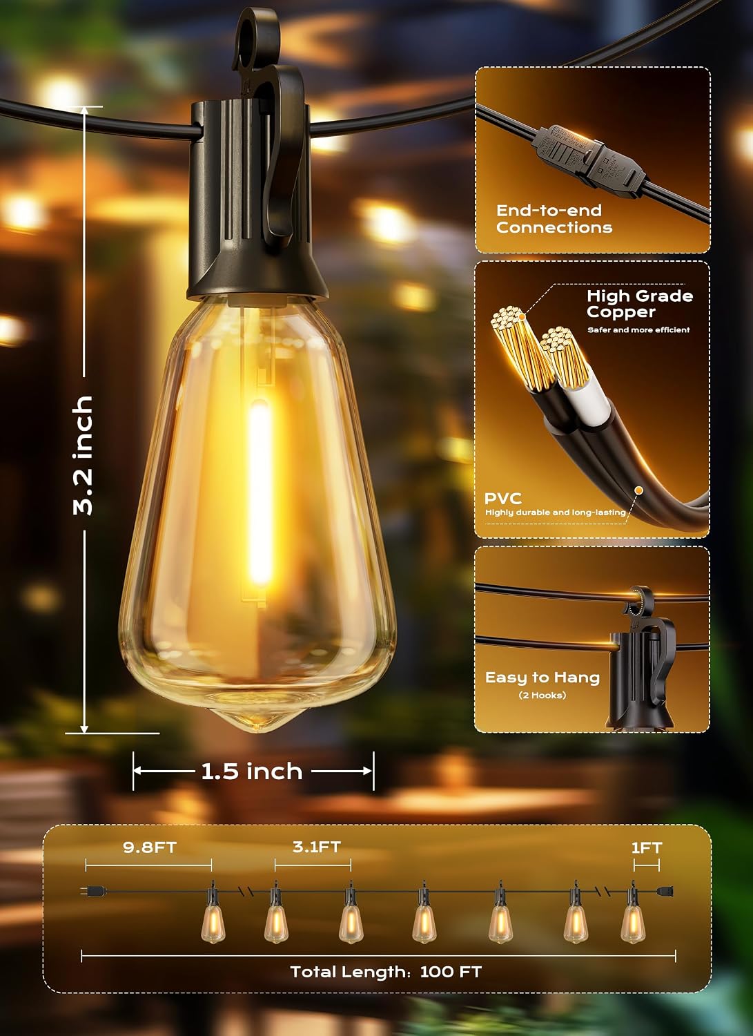 Brightown Safe Outdoor String Lights – Shatterproof PET LED Bulbs, Flameless and Cool to Touch, 100FT IP65 Waterproof Patio Lights for Kids, Pets, and Family Use