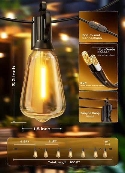 Brightown Safe Outdoor String Lights – Shatterproof PET LED Bulbs, Flameless and Cool to Touch, 100FT IP65 Waterproof Patio Lights for Kids, Pets, and Family Use