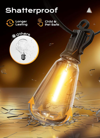 Brightown Safe Outdoor String Lights – Shatterproof PET LED Bulbs, Flameless and Cool to Touch, 100FT IP65 Waterproof Patio Lights for Kids, Pets, and Family Use