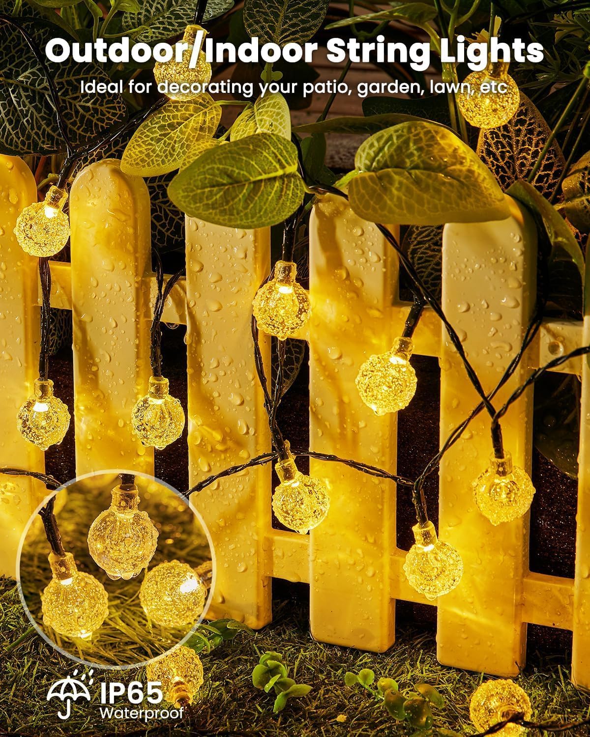 Brightown Solar Globe String Lights – 72ft Weatherproof Hanging Lights for Porch Garden and Pergola