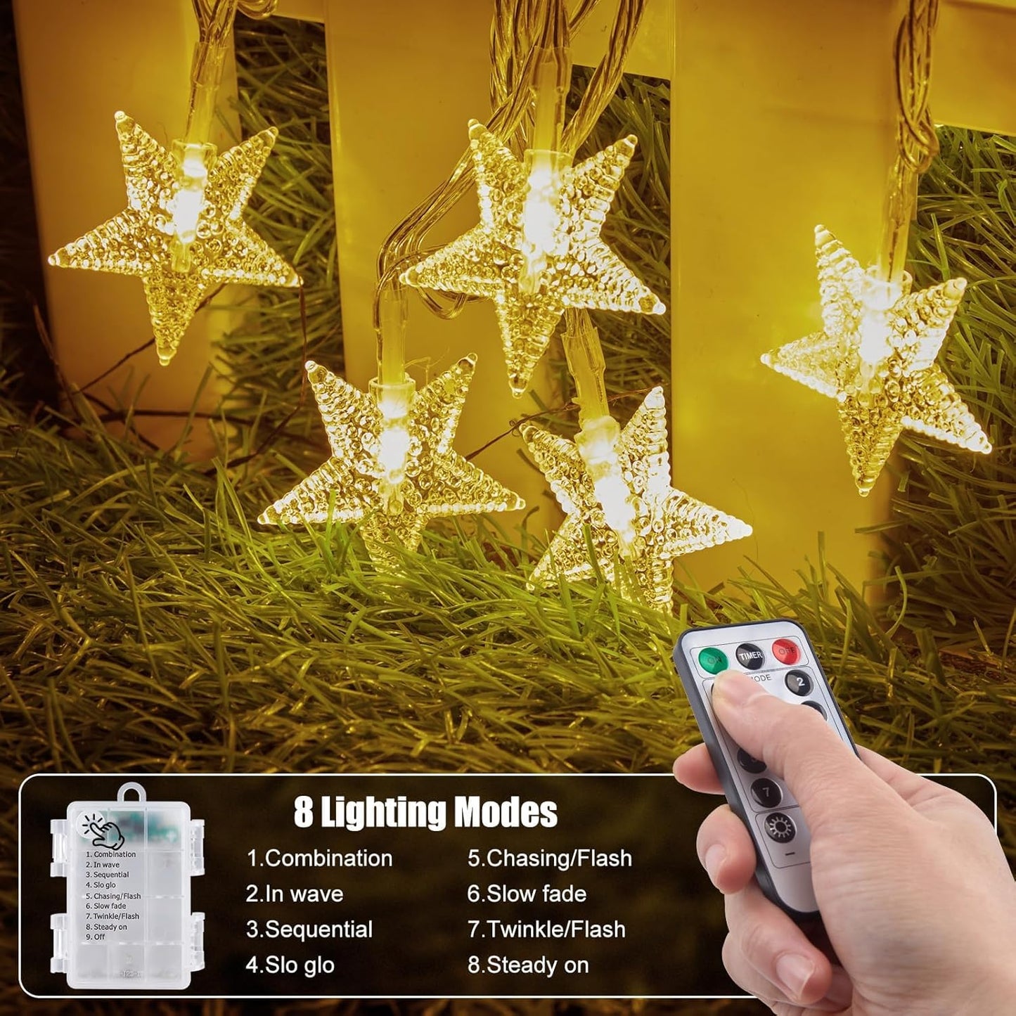 Brightown Star String Lights – Patio and Backyard String Lights Outdoor, 17ft IP65 Waterproof Battery Operated Star Fairy Lights with Remote
