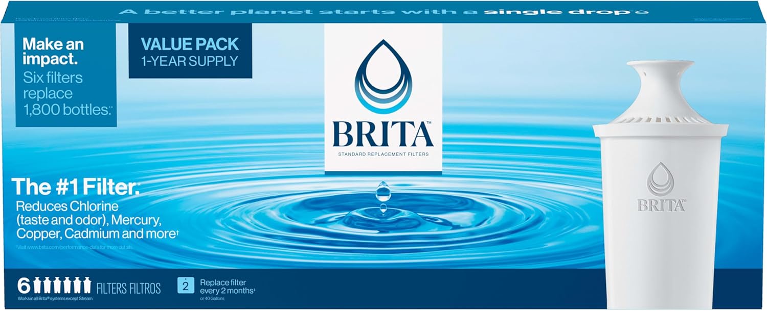 Brita Replacement Water Filter for Pitchers – Eco-Friendly 6-Pack to Cut Single-Use Plastic in the Kitchen