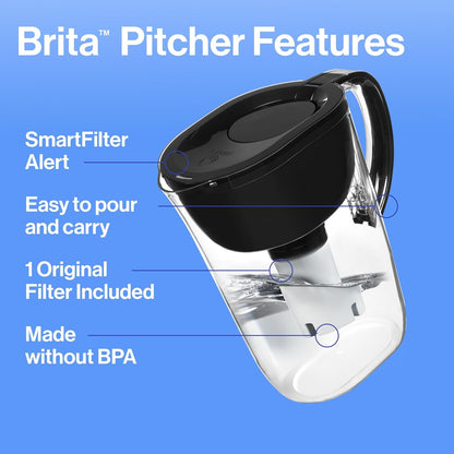 Brita SmartLight Water Filter Pitcher, Matte Black – Simple Hydration Solution for Compact Kitchens and Small-Space Apartments