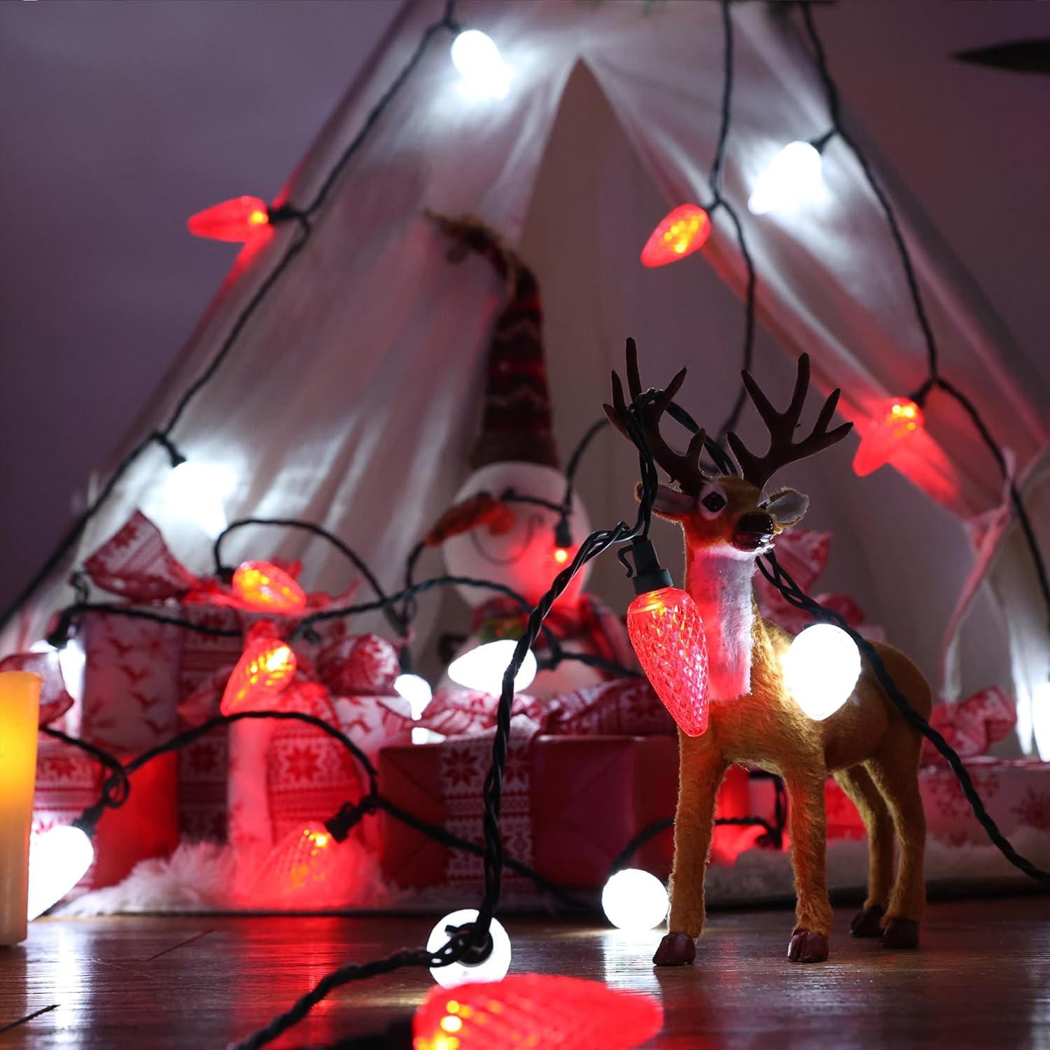 Brizled Red and Cool White C9 String Lights for Living Room Aesthetic, 66FT Faceted Indoor Decor