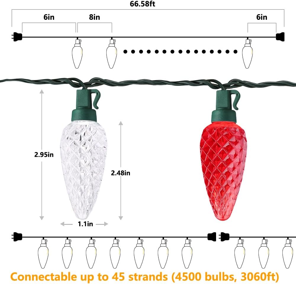 Brizled Red and Cool White C9 String Lights for Living Room Aesthetic, 66FT Faceted Indoor Decor