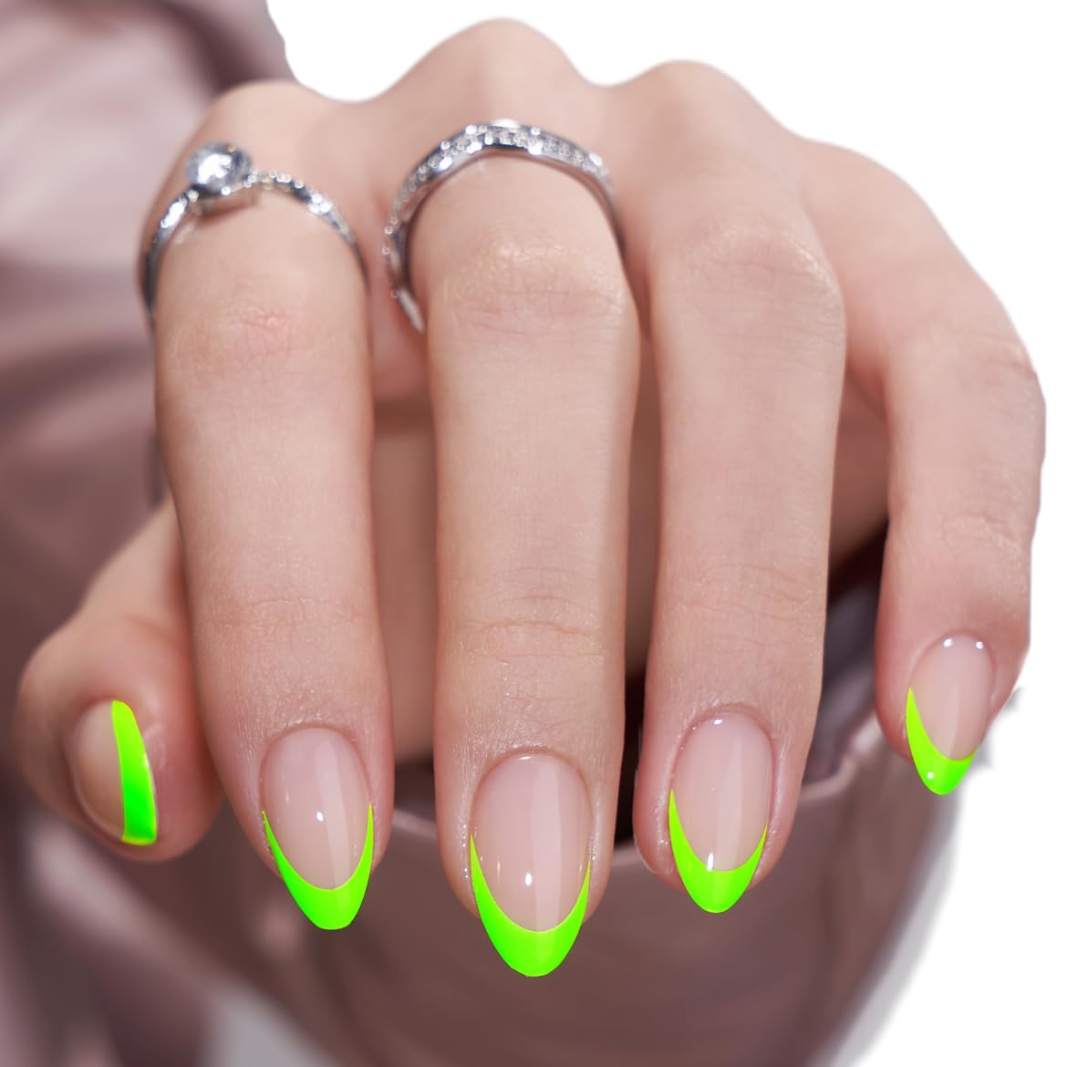 BTArtbox French Tip Press On Nails - Valentines Day Neow Green Press On Nails Short, Almond Stick On Nails, Glue On Nails in 16 Sizes - 30 Pcs Soft Gel Fake Nails Kit, Green French