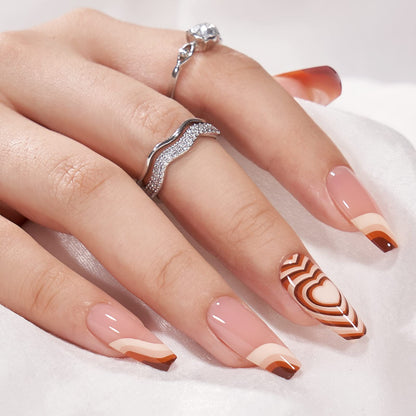 BTArtbox Press On Nails Medium - Coffin Designed Nail Tips kits with Glue, Glossy &amp;amp; Natural Reusable Coffin Fake Nails in 15 Sizes - 30PCS Stick On Nails Kit, Latte Love