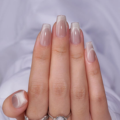 BTArtbox Press On Nails Short - Cat Eye French Tip Press On Nails Coffin, Light Weight &amp;amp; Fit Perfectly Nail Tips, Natural Fake Nail with Glue, Glue On Nails in 16 Sizes - 32 Nail Kit, Milky Way