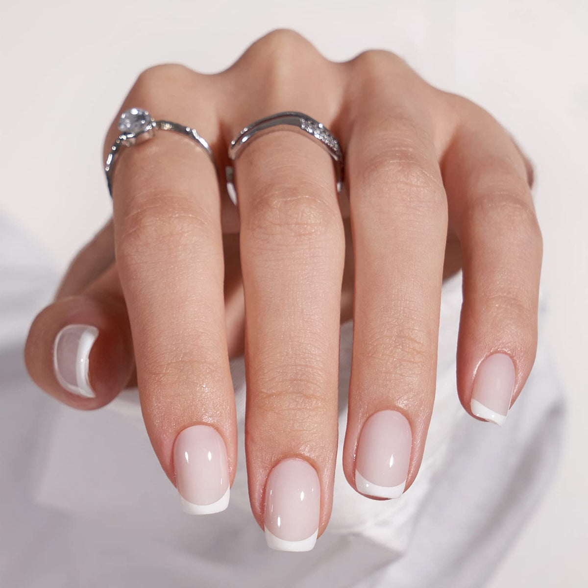 BTArtbox Press On Nails - White French Tip Press on Nails Square, Glue On Nails for Wedding Gift, Supremely Fit &amp;amp; Natural Stick On Nails in 15 Sizes - 30 Fake Nails Kit, Classic French