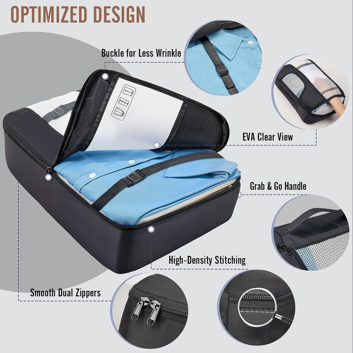 buckle compression straps on large and extra-large cubes to prevent wrinkles