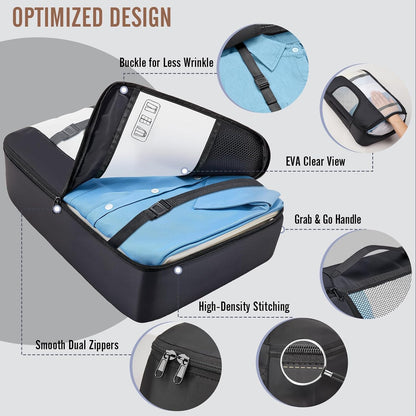 buckle compression straps on large and extra-large cubes to prevent wrinkles