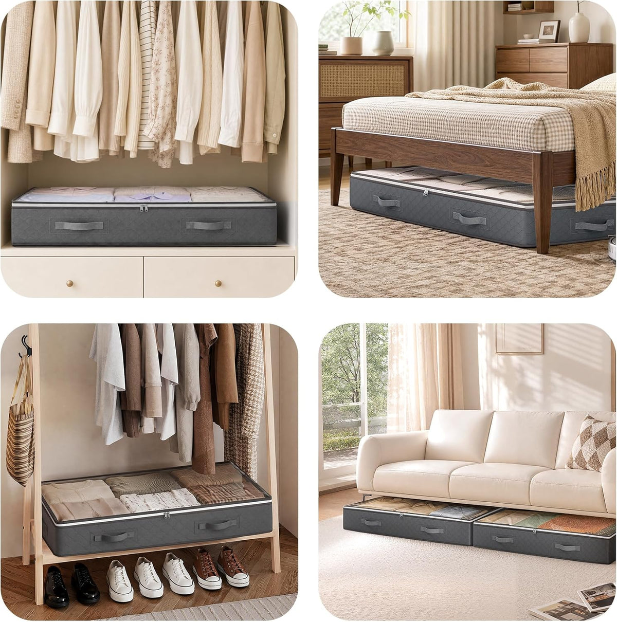 Budding Joy 4 Pack Underbed Storage Bins 95L Grey, Foldable Blanket and Comforter Organizer for Master Closet and Hallway Styling