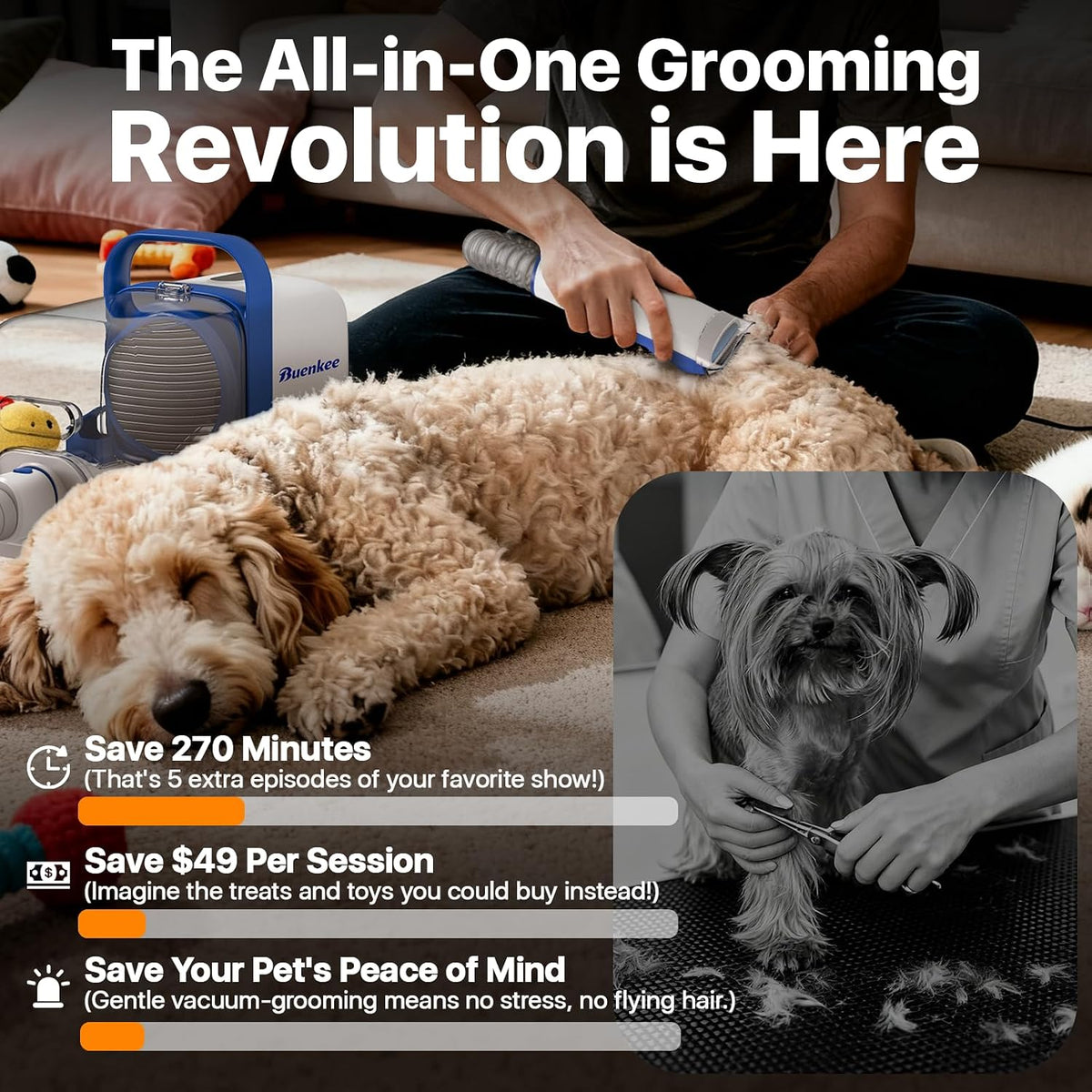 Buenkee Pet Grooming Vacuum – Anxious-Dog Friendly Deshedding Tool with Three Adjustable Suction Levels, 15000Pa