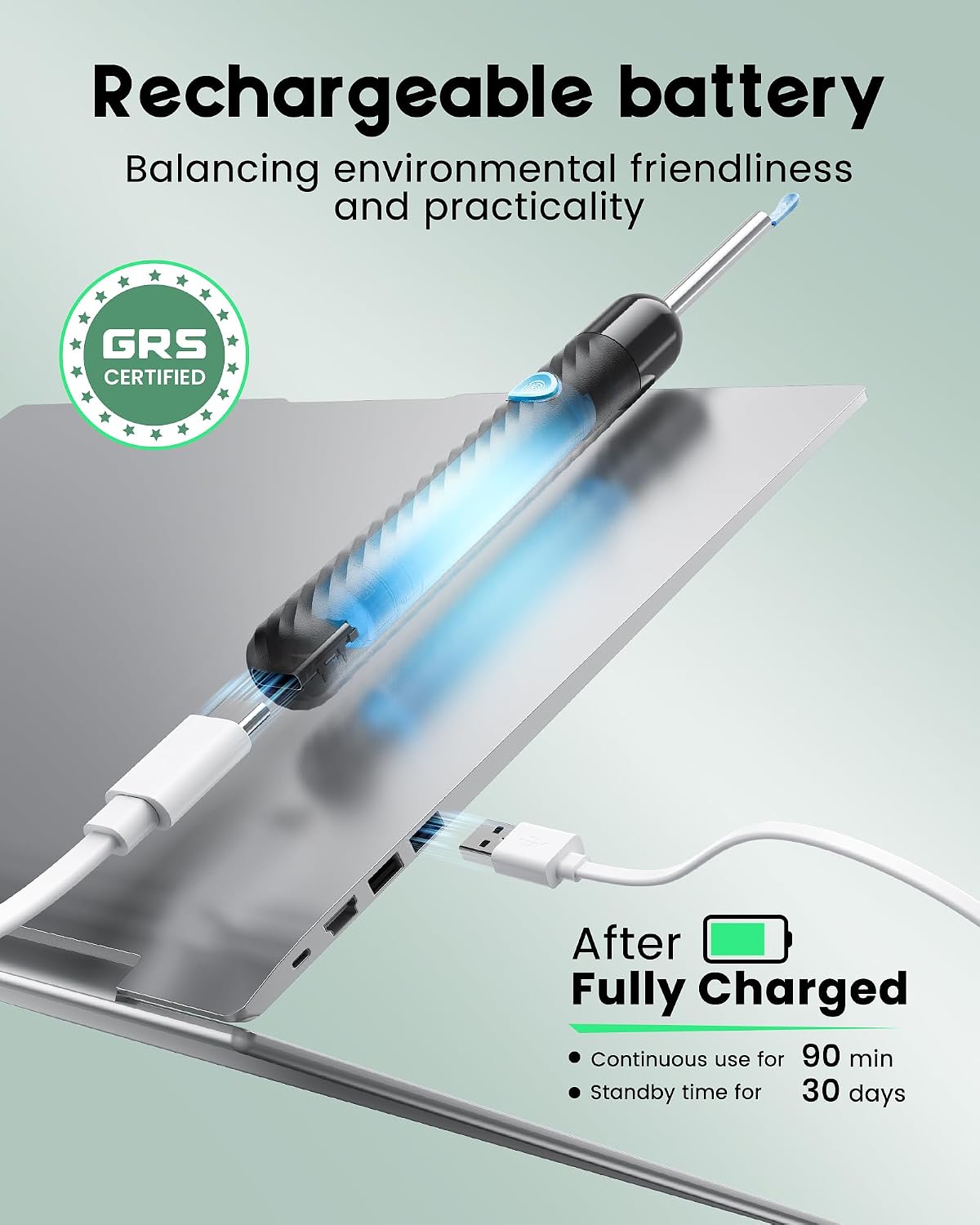 built-in 240mah rechargeable battery delivering 90 minutes of use and 30-day standby