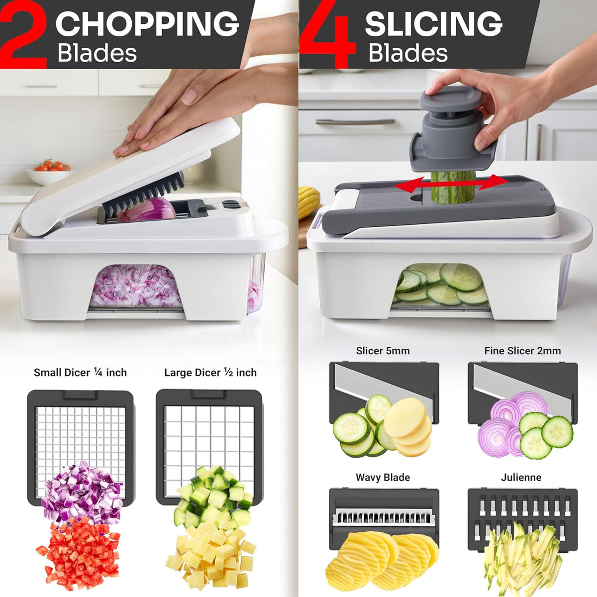 built-in food container that catches slices and frees up counter space