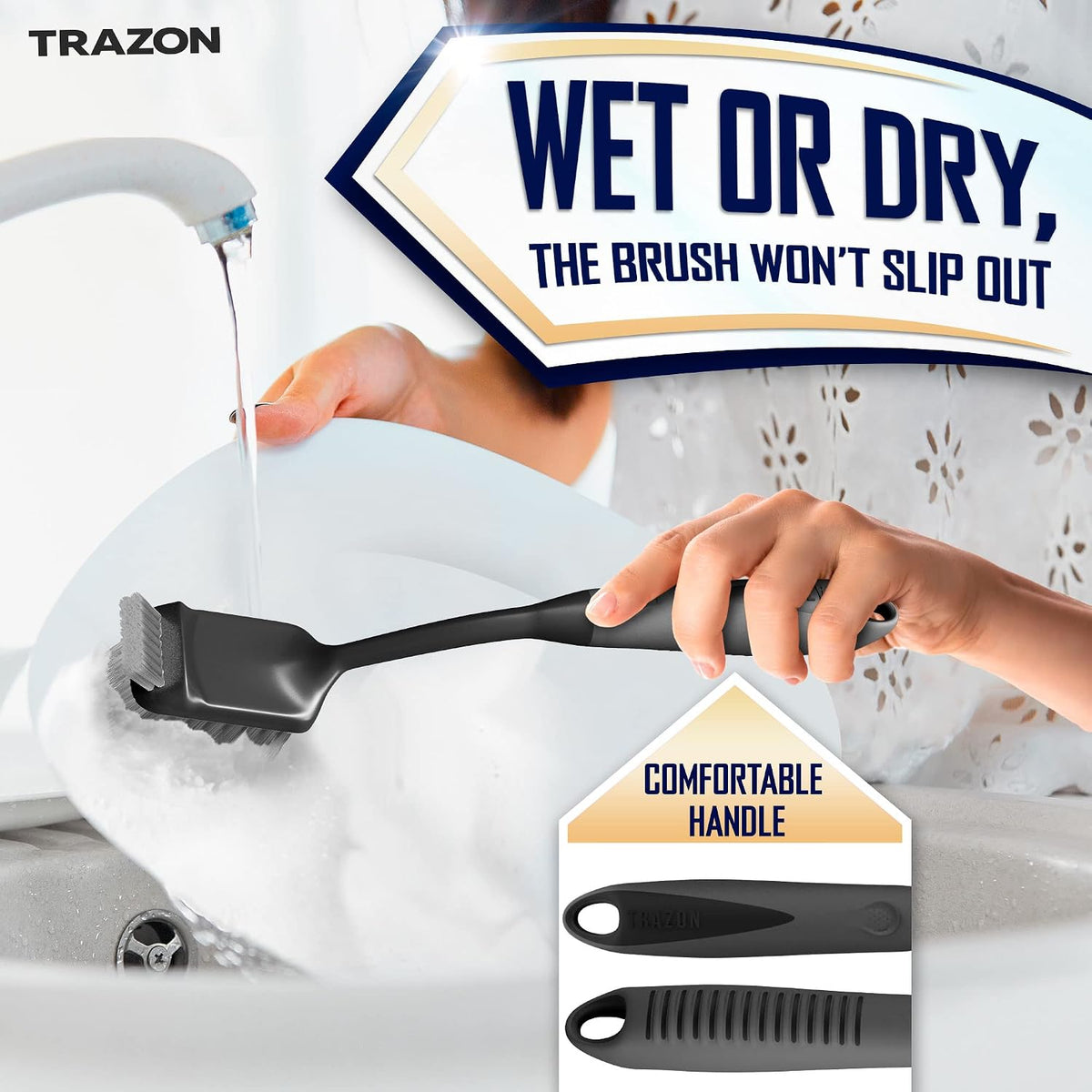 built-in scraper tip on the scrub brush for stuck-on residue