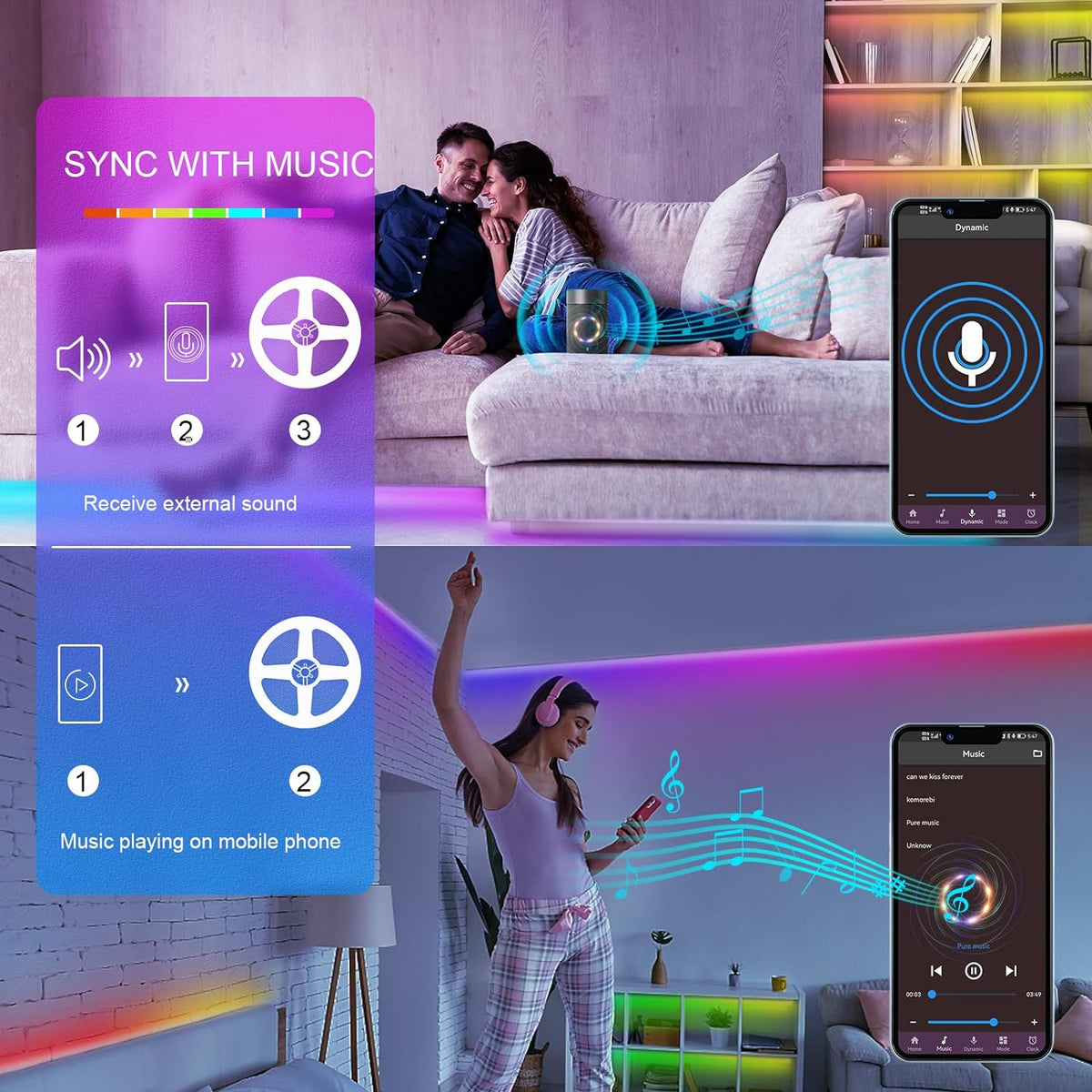 built-in sensitive microphone for real-time music and sound sync