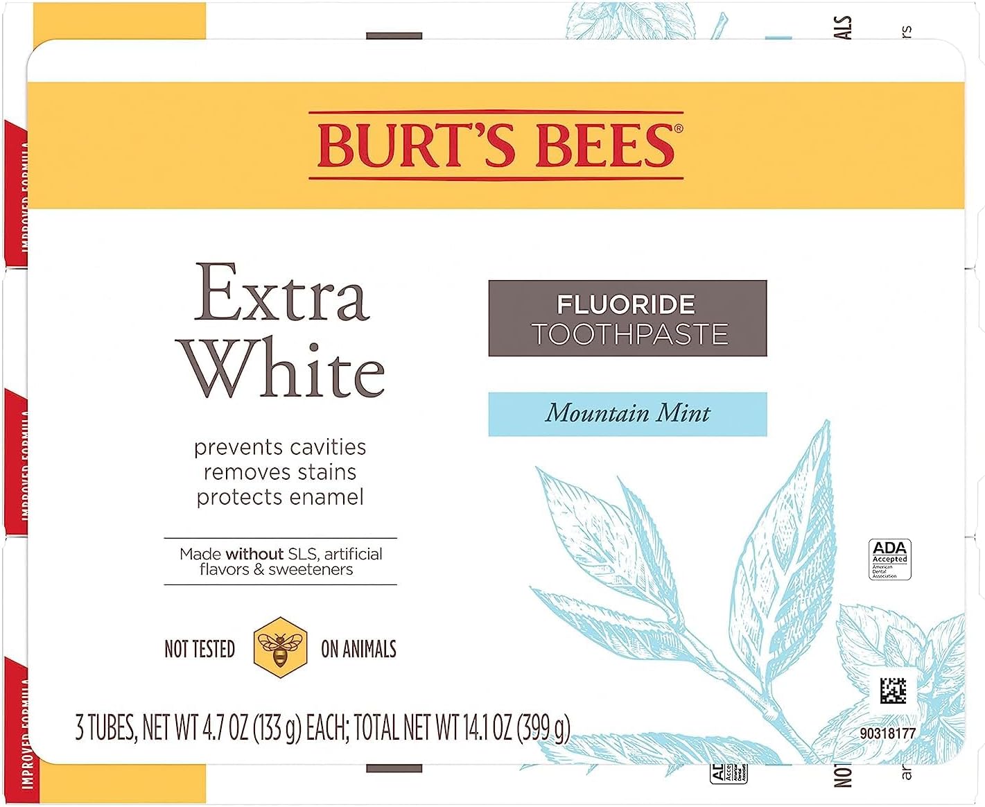 Burt's Bees Extra White Toothpaste – SLS-Free Fluoride Paste for Mindful Oral Care and Wind-Down Self-Care, 4.7 oz Pack of 3