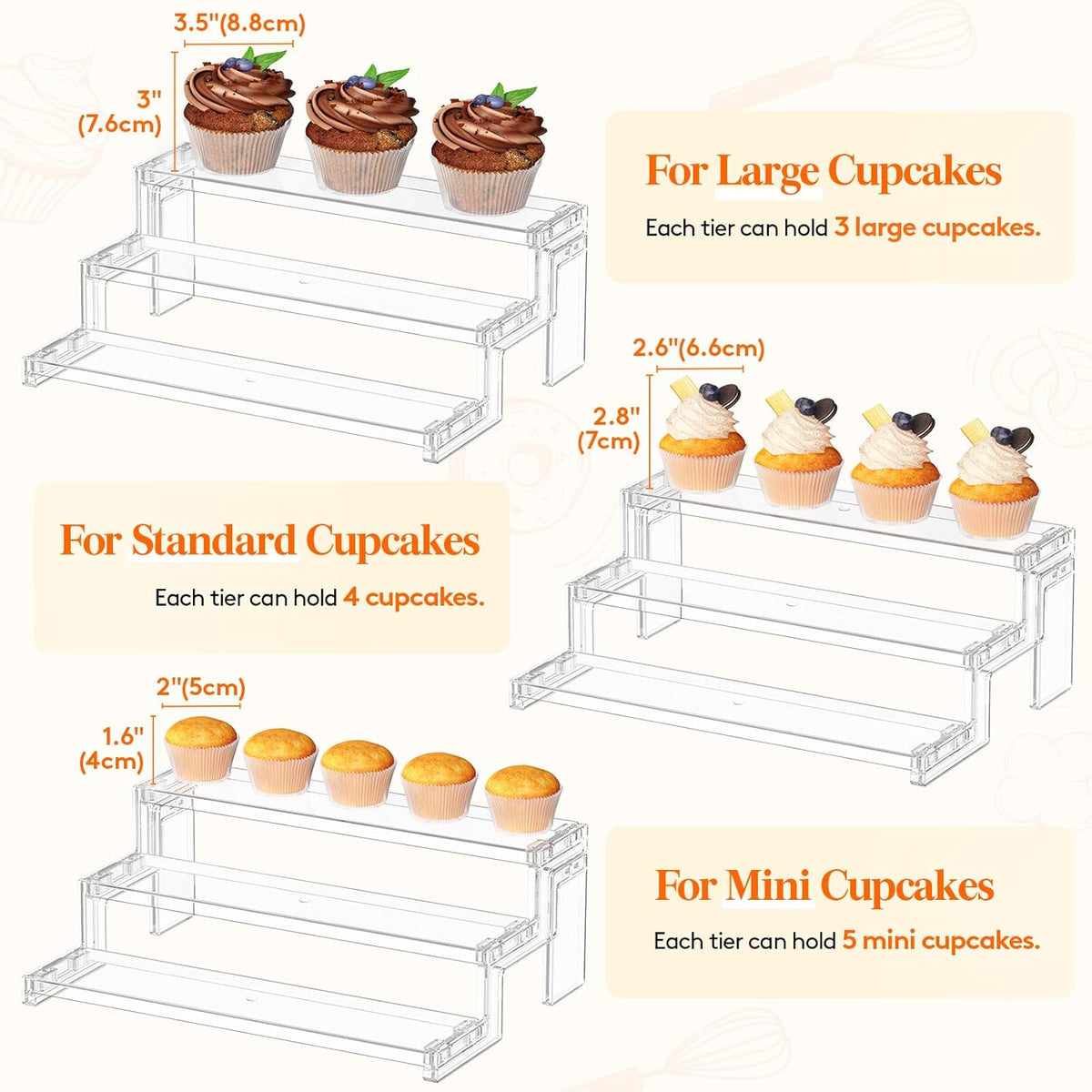 capacity for 6 standard spice bottles per tier (18 total) or 4 cupcakes per tier (12 total)