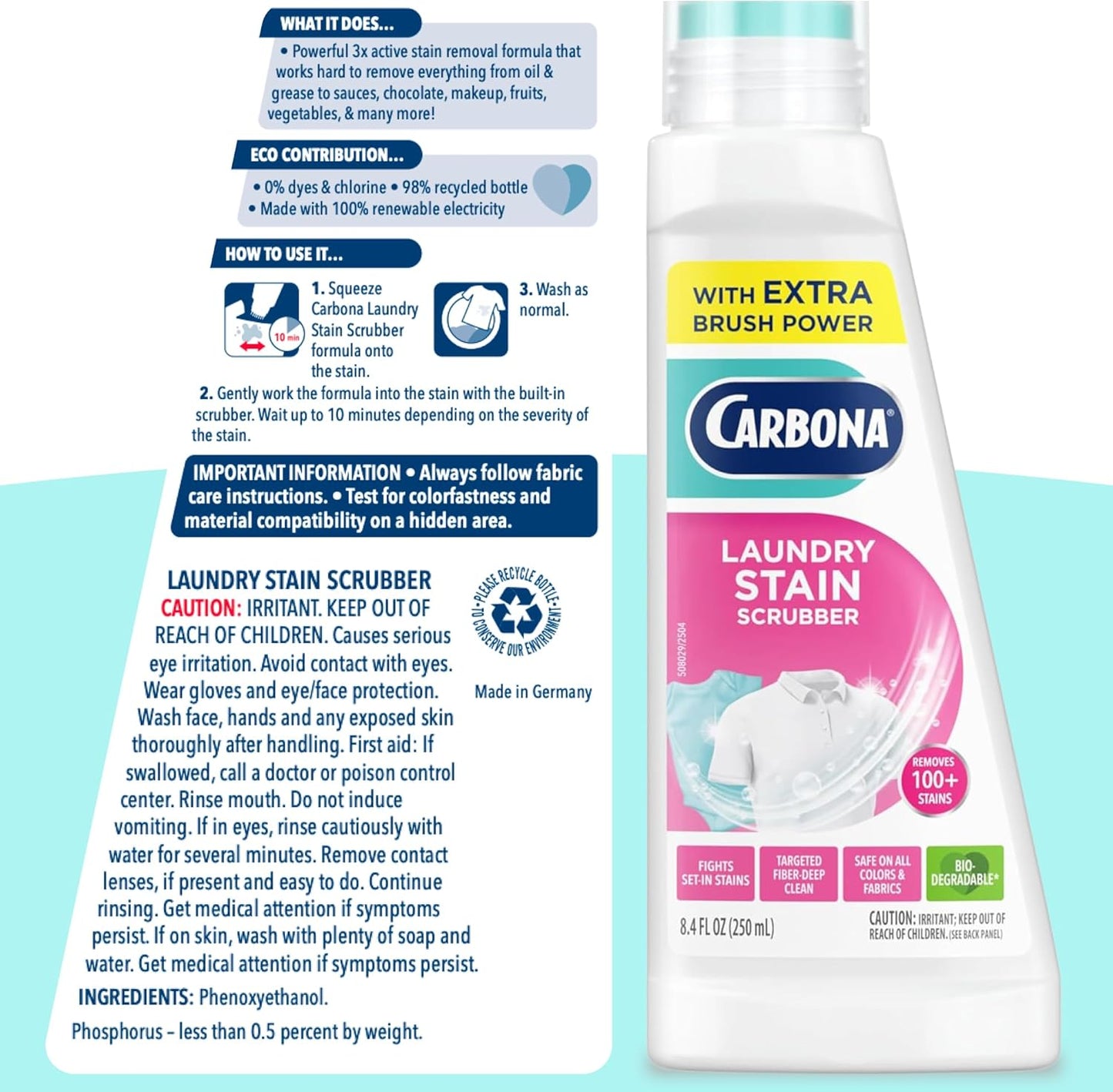 Carbona Laundry Stain Scrubber & Remover – Single-Bottle Stain Solution for Cotton, Wool, and Blend Wardrobes, Clutter-Free Laundry Room