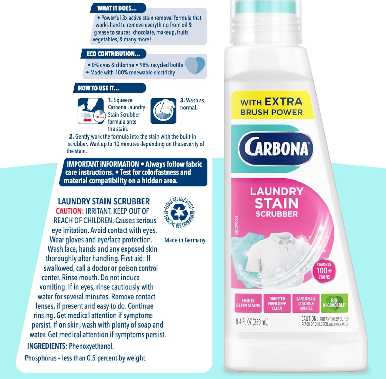 Carbona Laundry Stain Scrubber & Remover – Single-Bottle Stain Solution for Cotton, Wool, and Blend Wardrobes, Clutter-Free Laundry Room