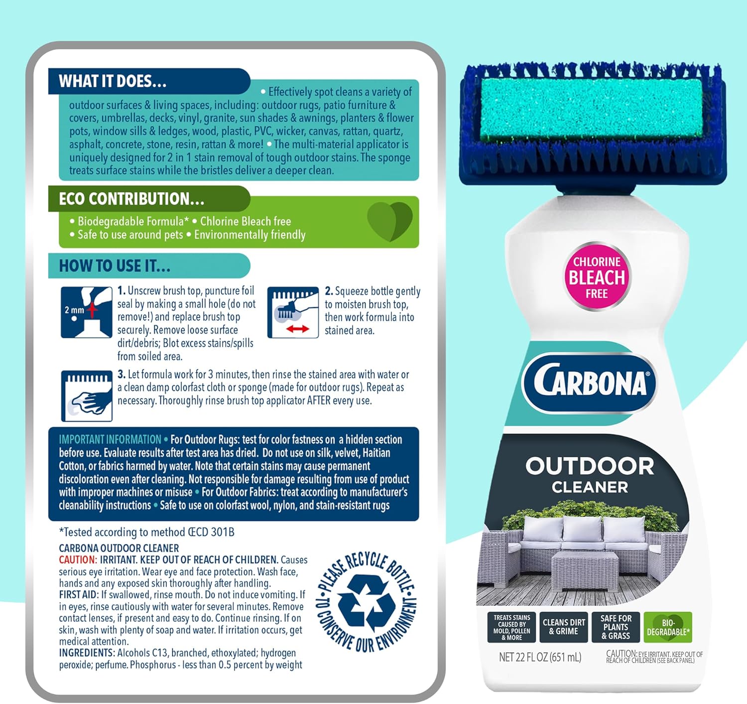 Carbona Oxy Powered Outdoor Cleaner with Built-In Brush (22 Fl Oz) – Curb Appeal Restorer for Decks, Planters, and Front Porch Spaces