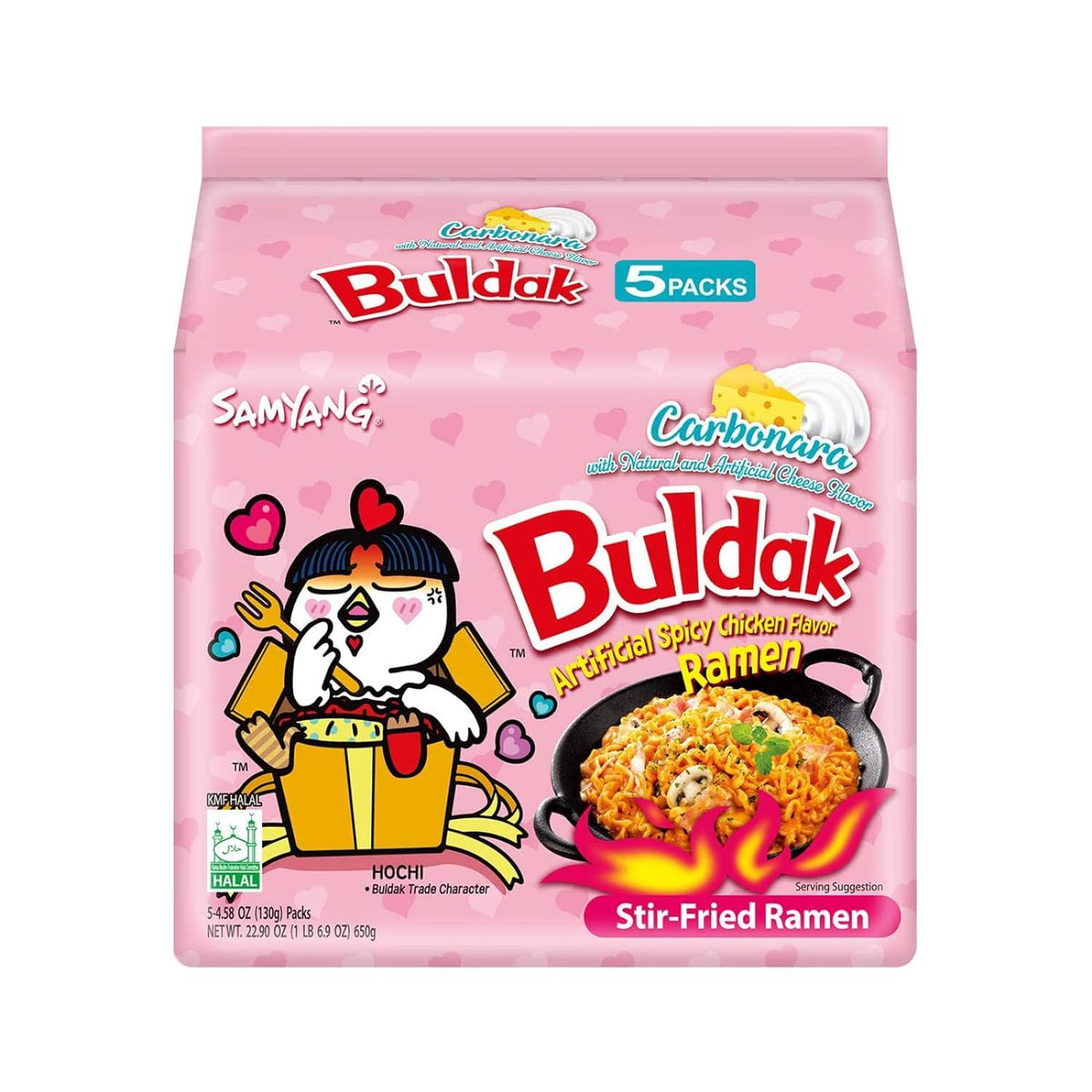 carbonara flavor fusion of korean spicy fire-noodle with creamy cheese profile